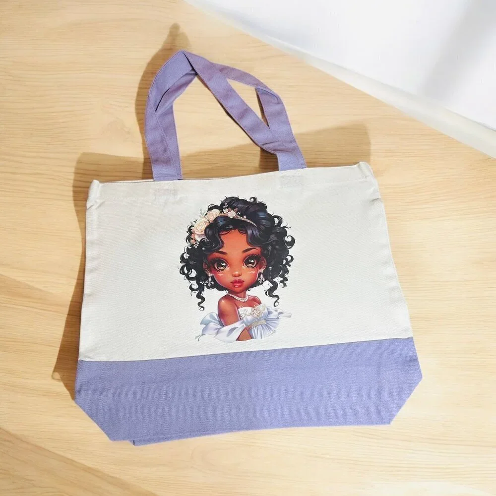 Large Canvas Tote Bag with Elegant Girl Art | Hand Pressed | 17”x14” | New